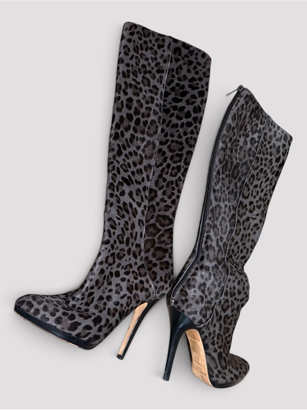 Authentic Jimmy Choo Black & Grey Leopard Print Calf Hair Knee High Boots 38.5